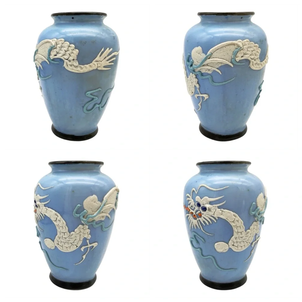 Vintage Moriage Dragonware Vases Pair Japan Green Spaghetti Slip Blue Set of 2 - Picture 4 of 10
